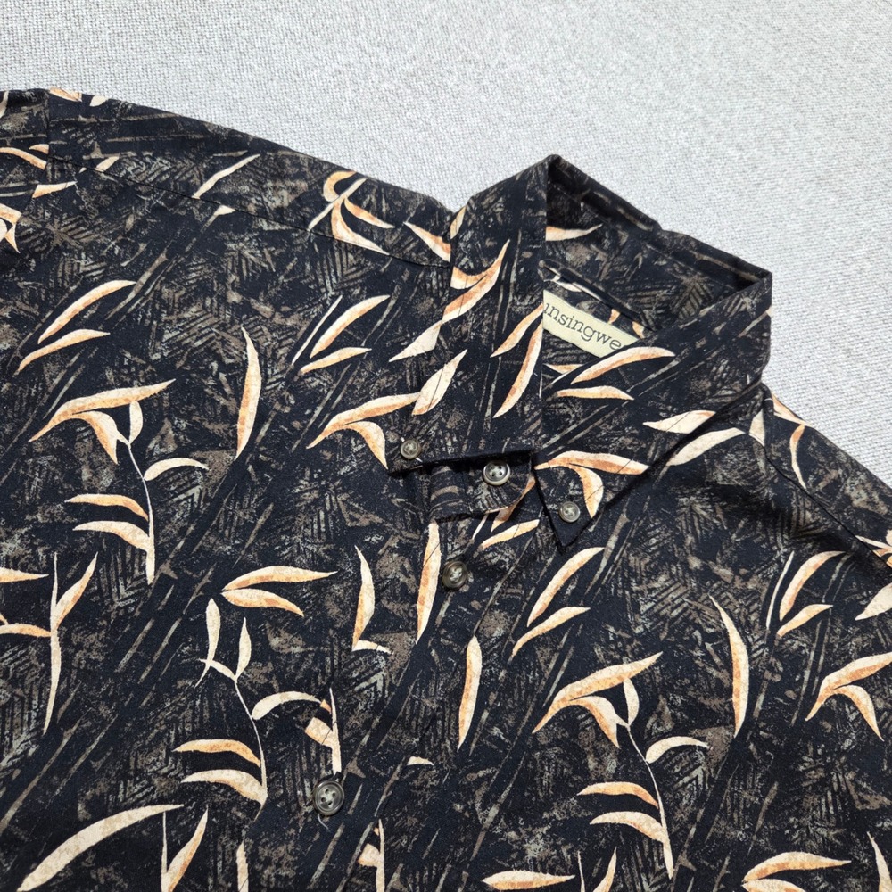 Munsingwear Hawaiian Camp Shirt Cotton Black‎ Leaf Print Short Sleeve Men's M